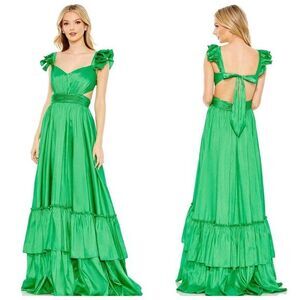 Mac Duggal 68062 Satin Tie-Back Cut-Out Tierred Maxi Dress Green Size 8